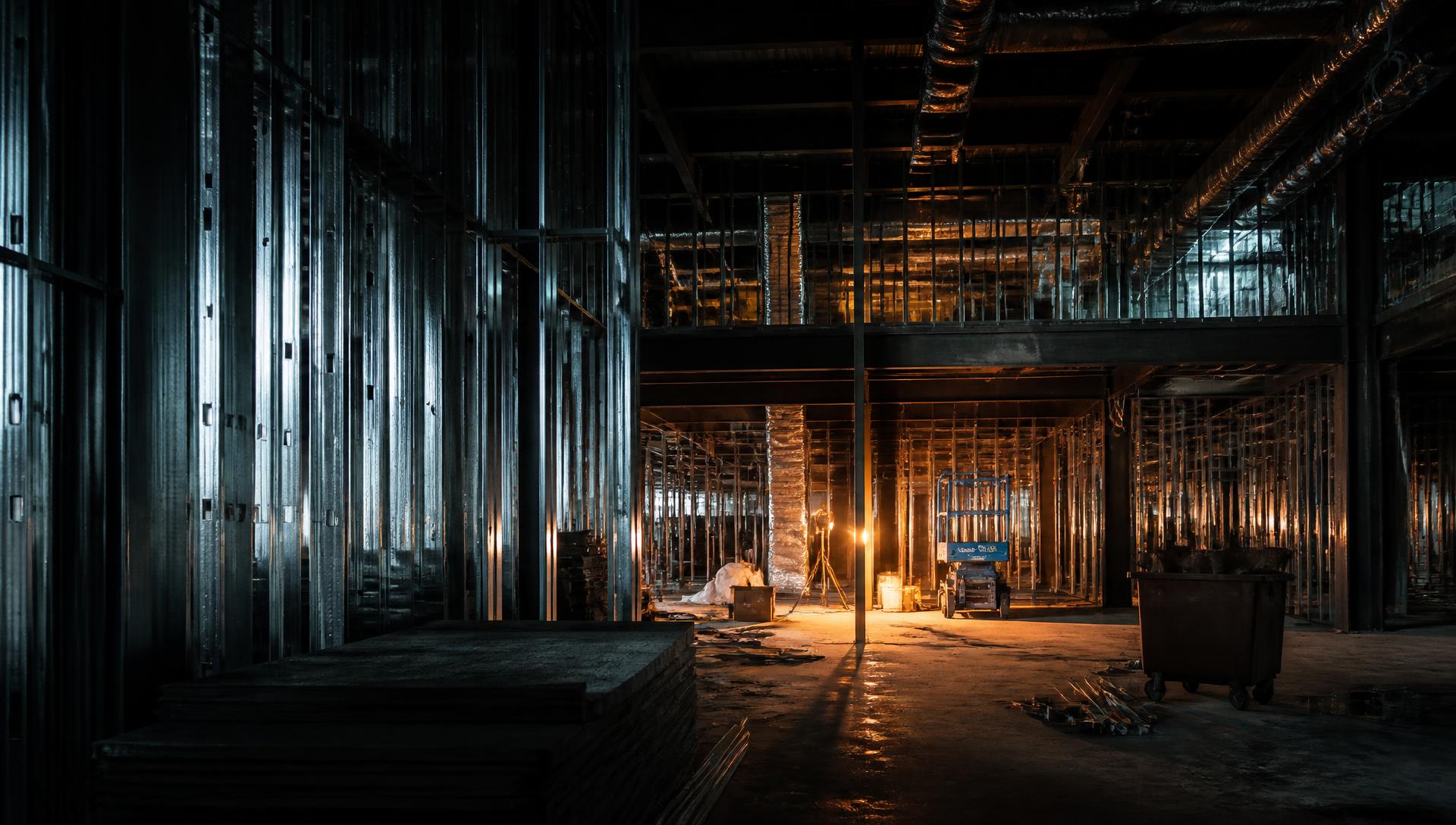Steel stud framing on a commercial construction site in Baytown, Texas